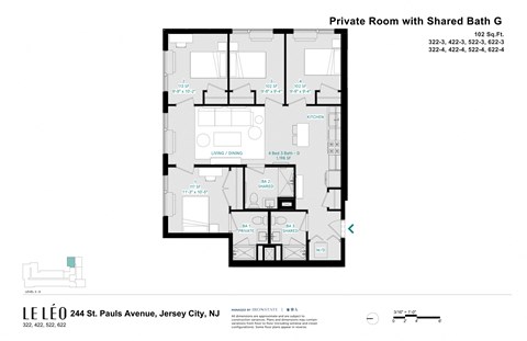 A floor plan of a private room with a shared bathroom.